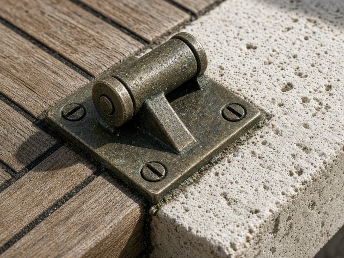 Material joint of bronze, teak, and limestone
