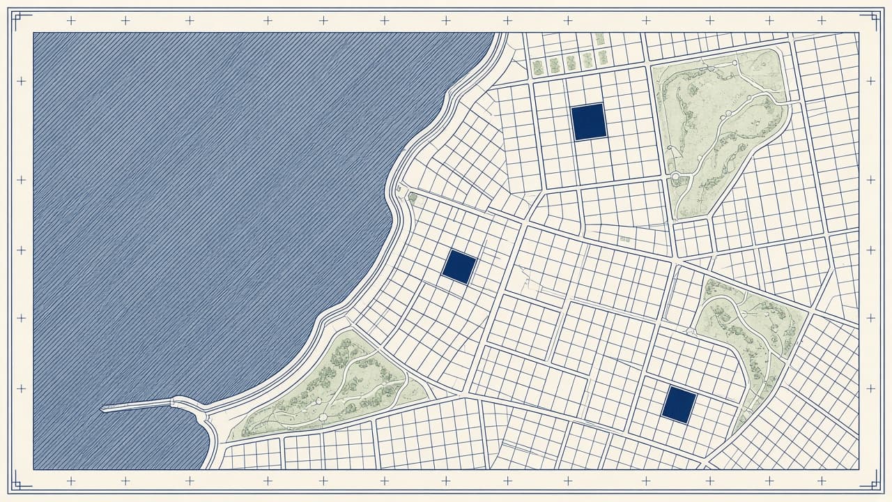 Cadastral site plan of a coastal city edge, marking the kind of land Maymarian plans and builds